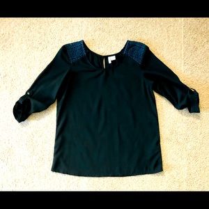 Anthropologie Japna Top Sz S Crochet Lace Shoulders Accent Roll Tab Sleeves